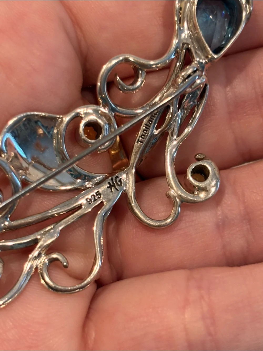 Vintage Designer 925 Sterling Silver & Precious Gemstone Embellished Brooch